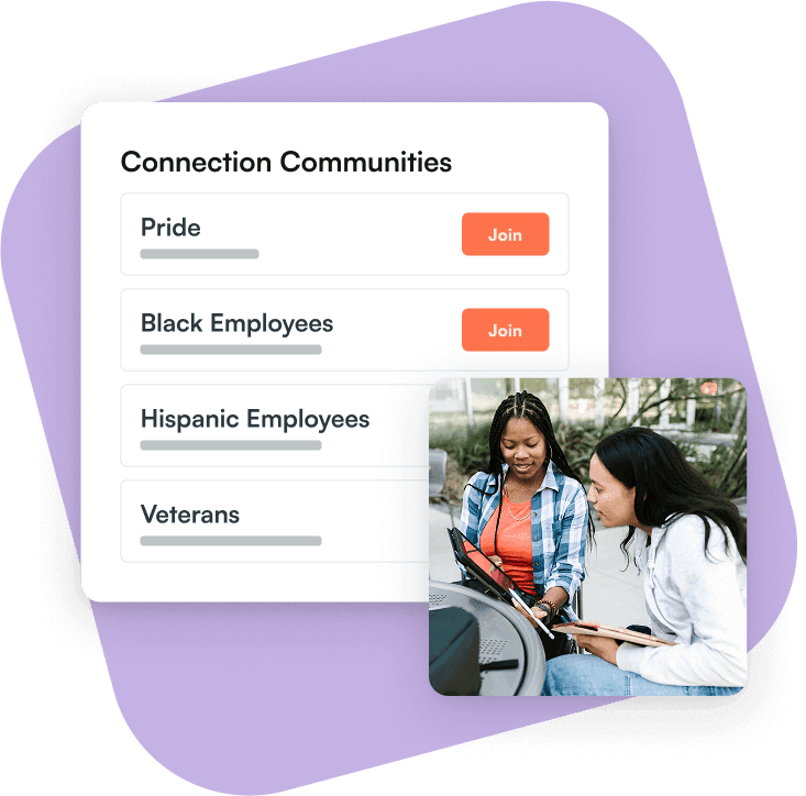 Connection Communities: a list of employee groups to join, beside two colleagues looking at a tablet