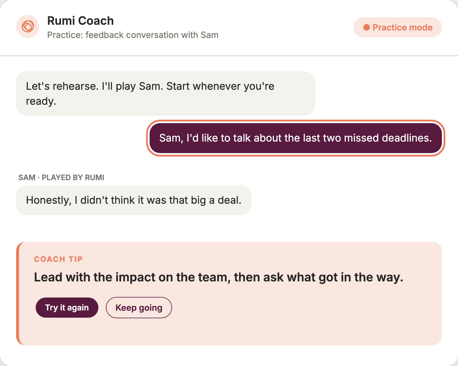 Rumi Coach in practice mode: the employee rehearses a feedback conversation with Sam, played by Rumi, and gets a coach tip with the choice to try it again