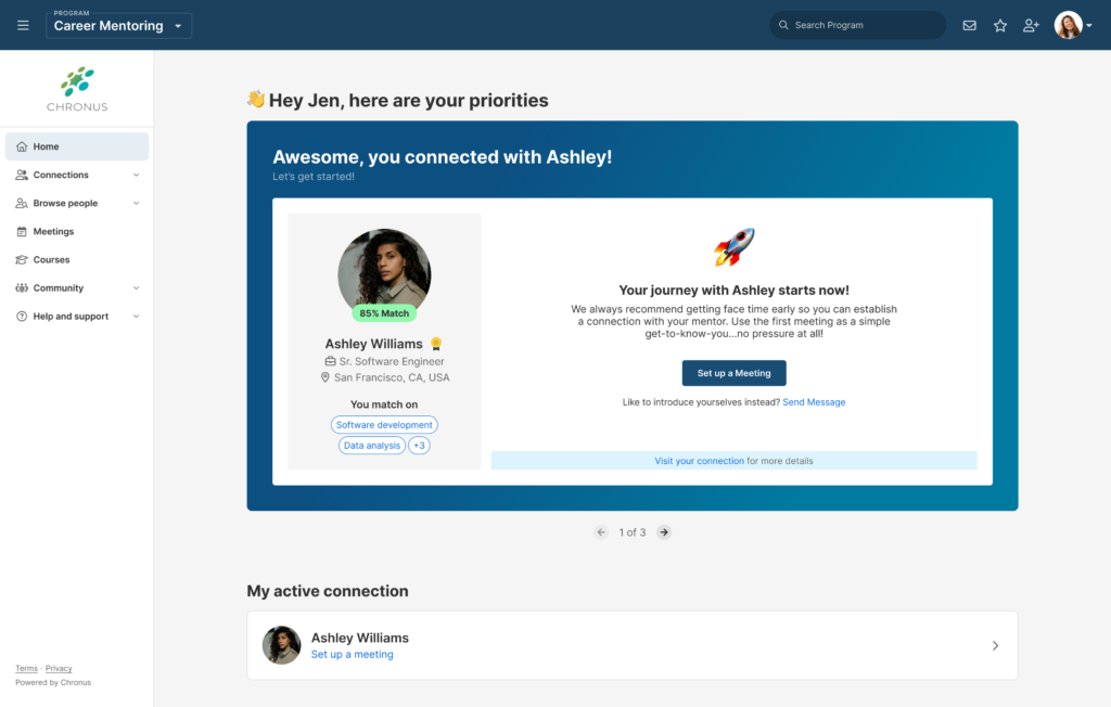 Chronus Mentoring platform homepage showing mentee view of mentor match, prompting user to setup a meeting with their mentor