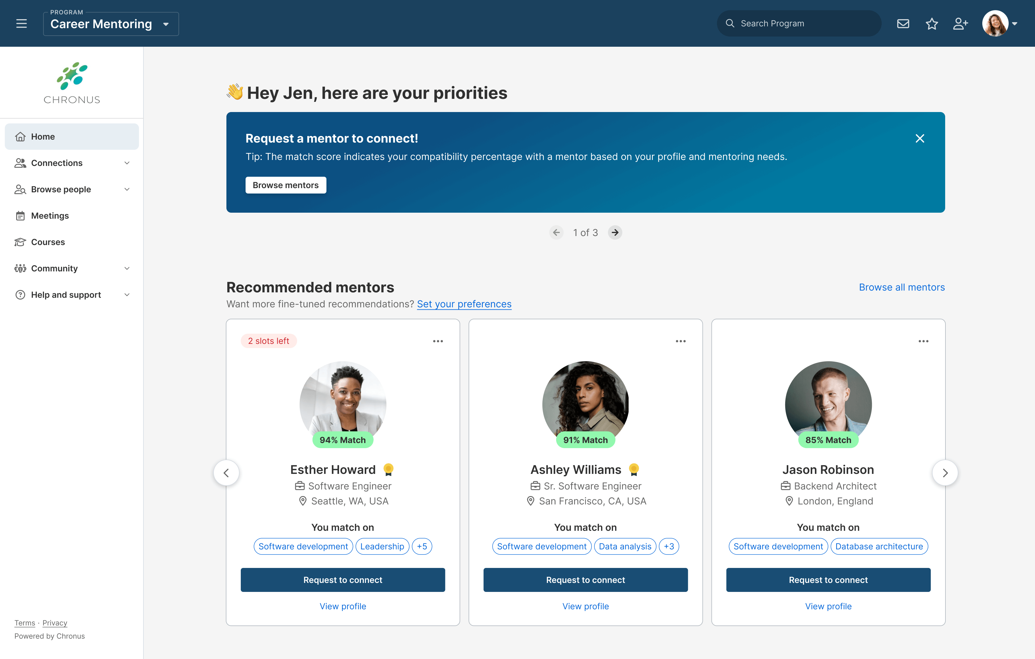 Chronus mentoring homepage showcasing mentor recommendations based on the similar knowledge, skill and interests as determined by the matching algorithm. The recommendations show three mentor options (2 women and 1 man).