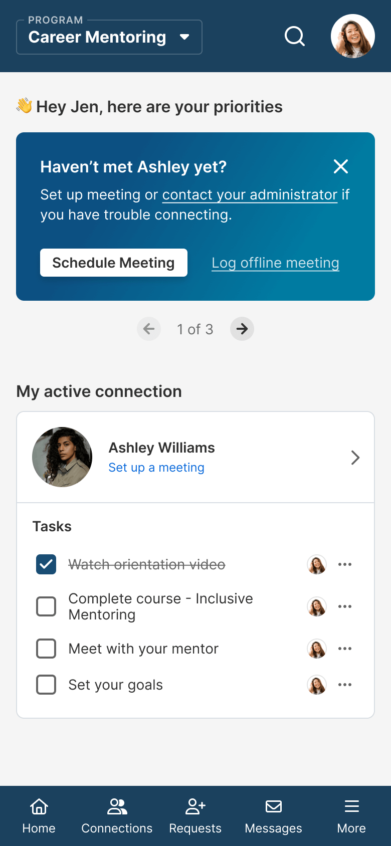 Chronus mentoring platform homepage on the mobile app, showcasing top mentee priorities and ongoing mentoring connections