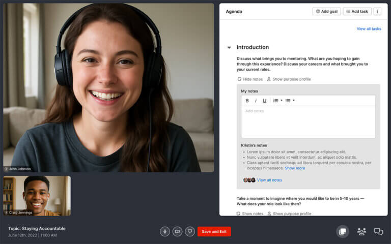 woman and man having guided mentoring conversation on the Chronus mentoring software platform, making notes in the customizable agendas and interactive experience.