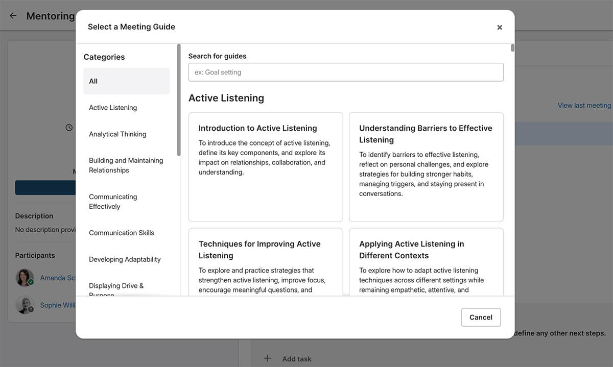 The menu of 500+ agendas for Guided Mentoring sessions for mentors and mentees to choose from, such as Introduction to Active Listening or Understanding Barriers to Effective Listening.