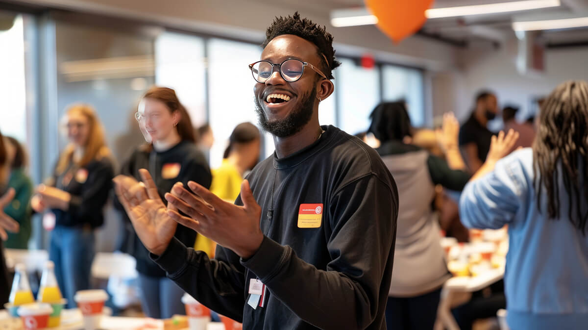 Black man clapping his hands in a workplace gathering. People in the background welcome high potential employees.