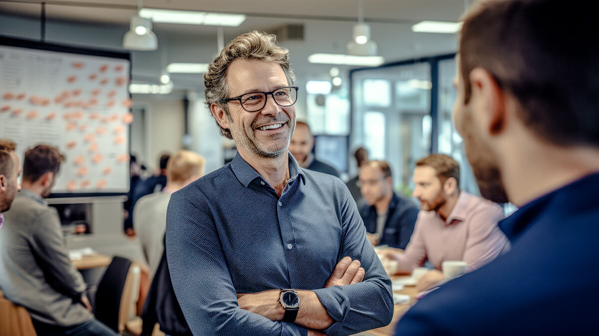 older man standing in a conference room talking to a younger man in a global mentoring program meeting